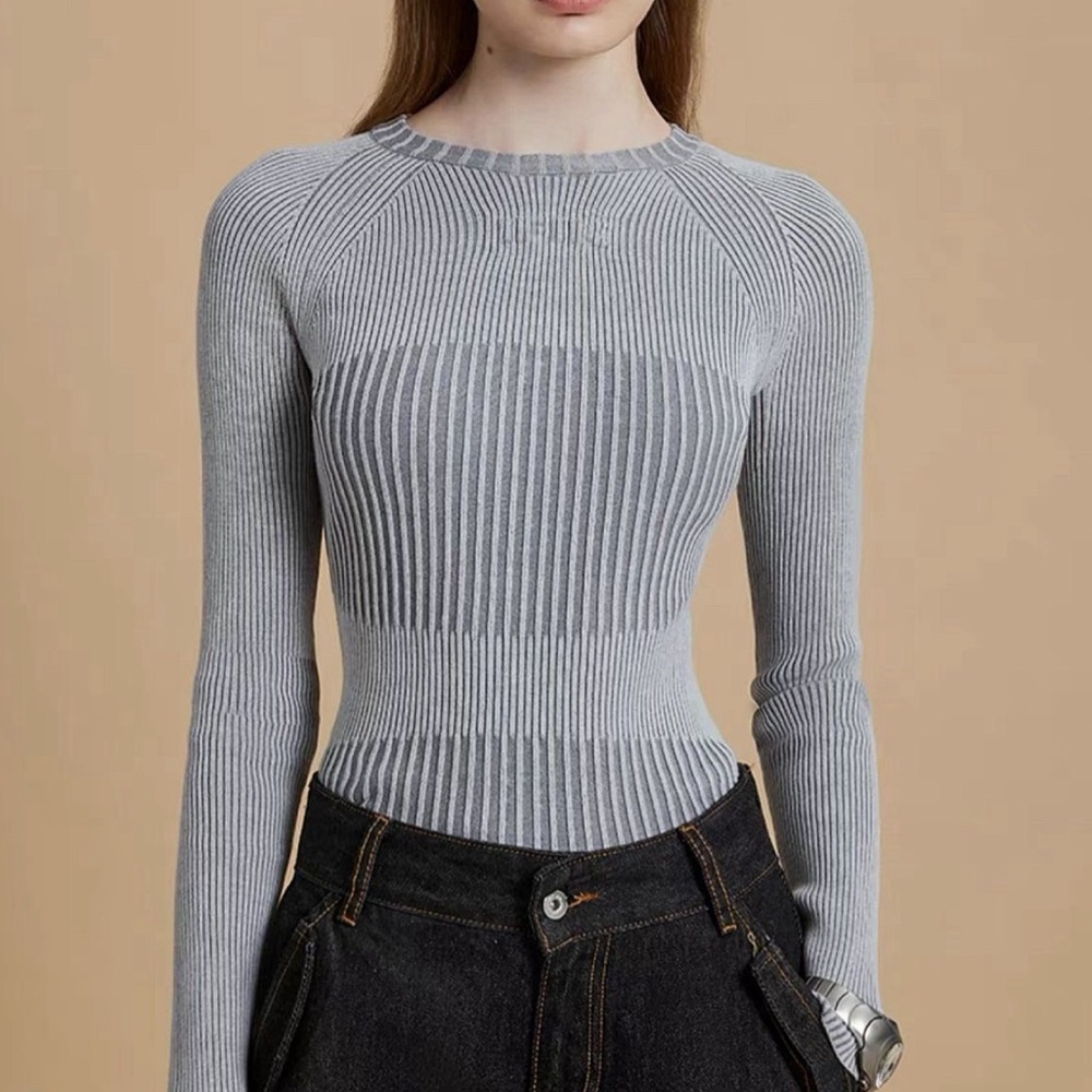 IFIK grey illusion knitted body slimming top long sleeve shirt